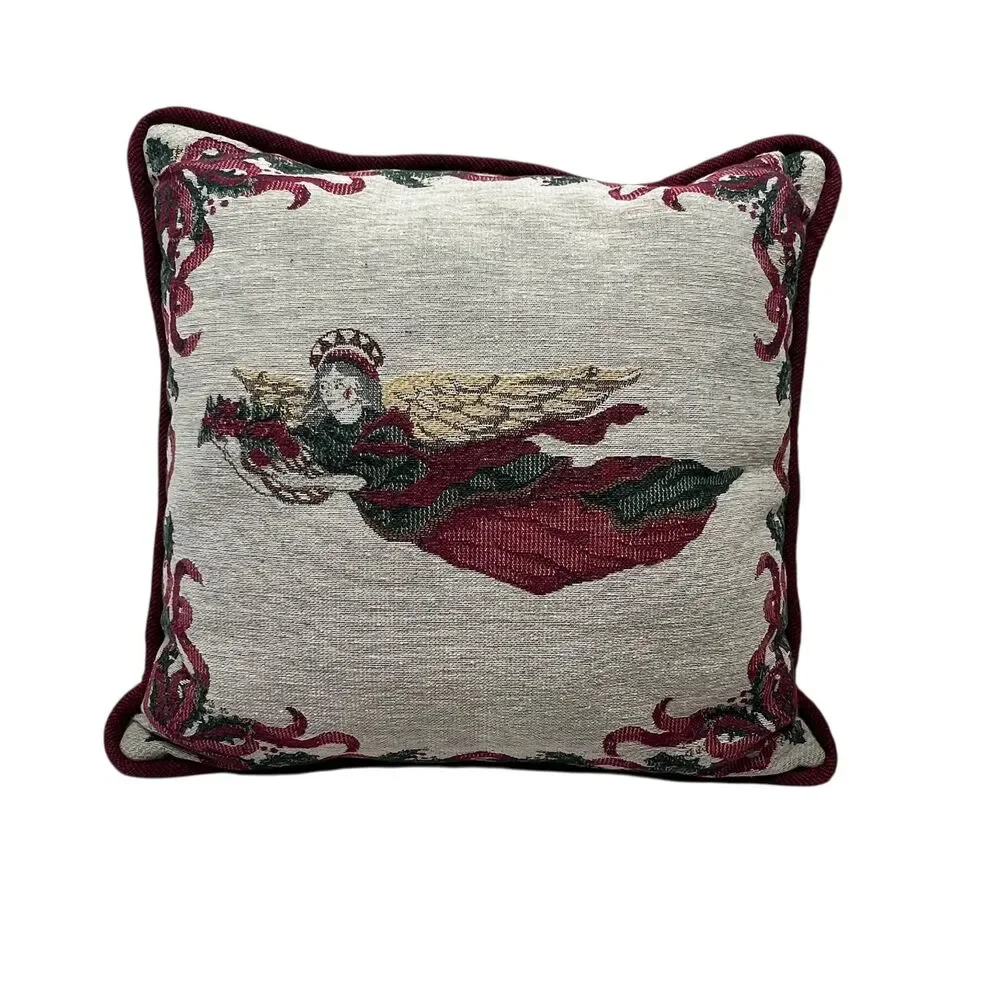 Vintge Angel Tapestry Christmas Throw Pillow‎ 16x16 Holly French Horn